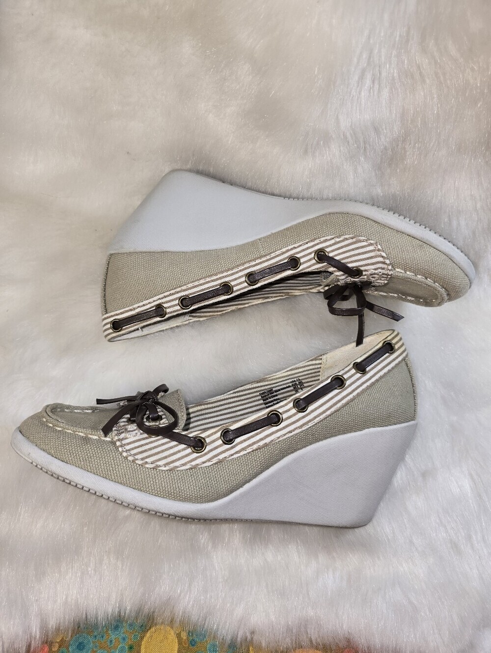 Vintage Dexter Beige Canvas Wedge Loafers with Brown Trim
